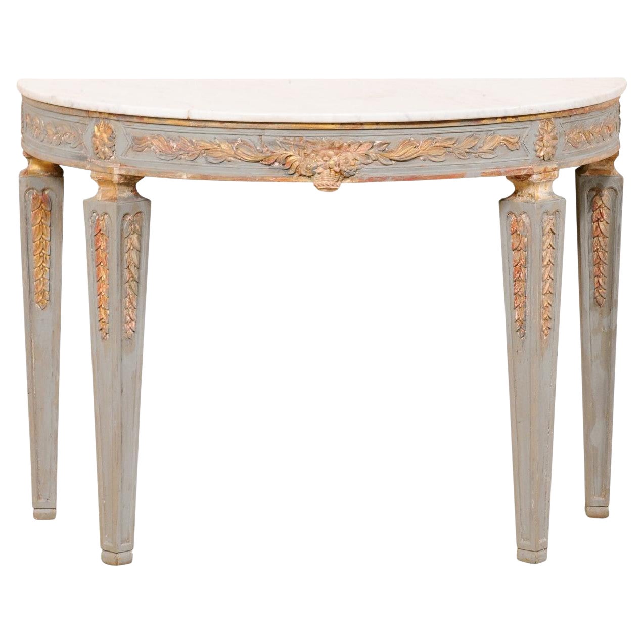 Carved & Painted Demi-Lune Console Table with White Marble Top--Italian