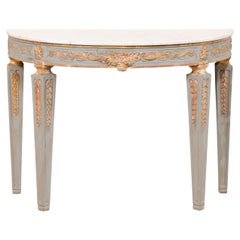 Carved & Painted Demi-Lune Console Table with White Marble Top--Italian