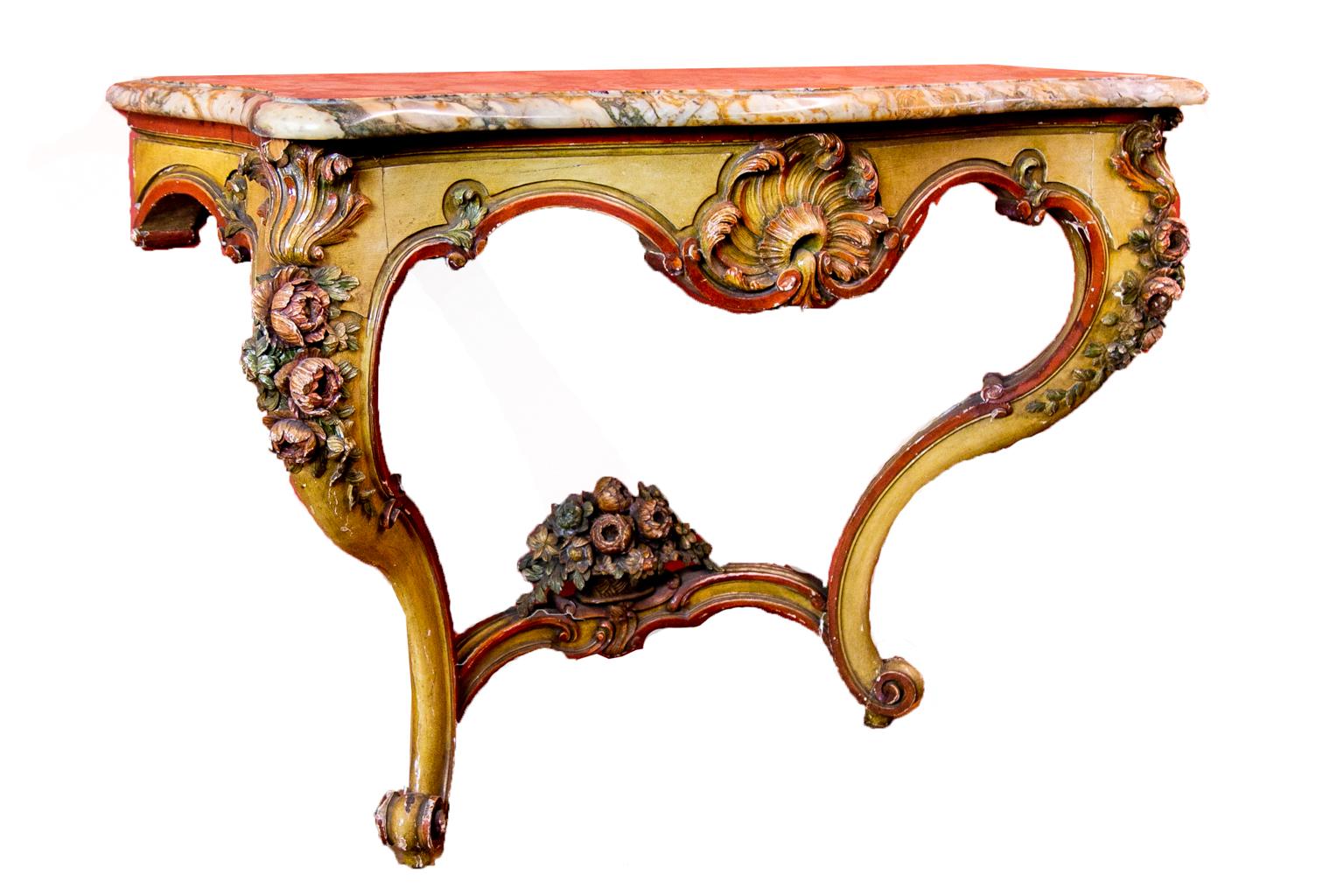 Carved Painted English Marble-Top Console Table 5