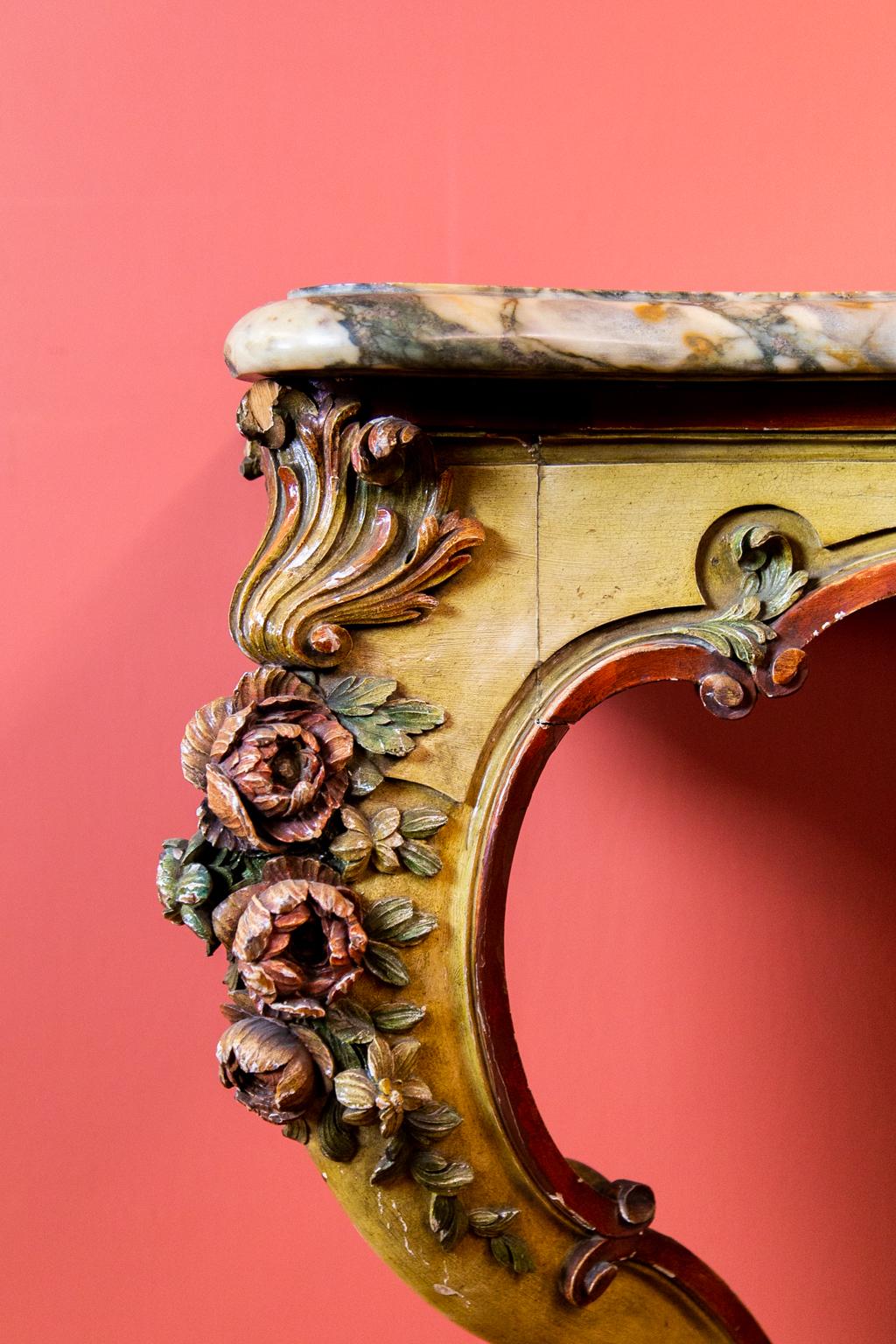 Hand-Painted Carved Painted English Marble-Top Console Table
