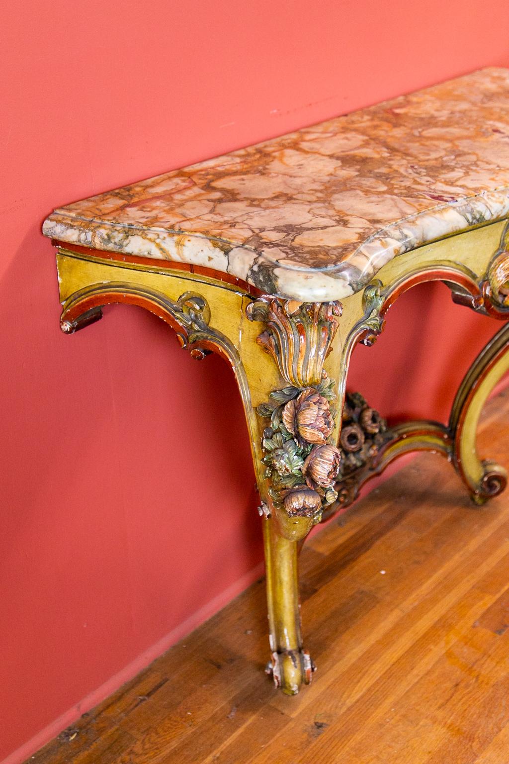 Carved Painted English Marble-Top Console Table 3