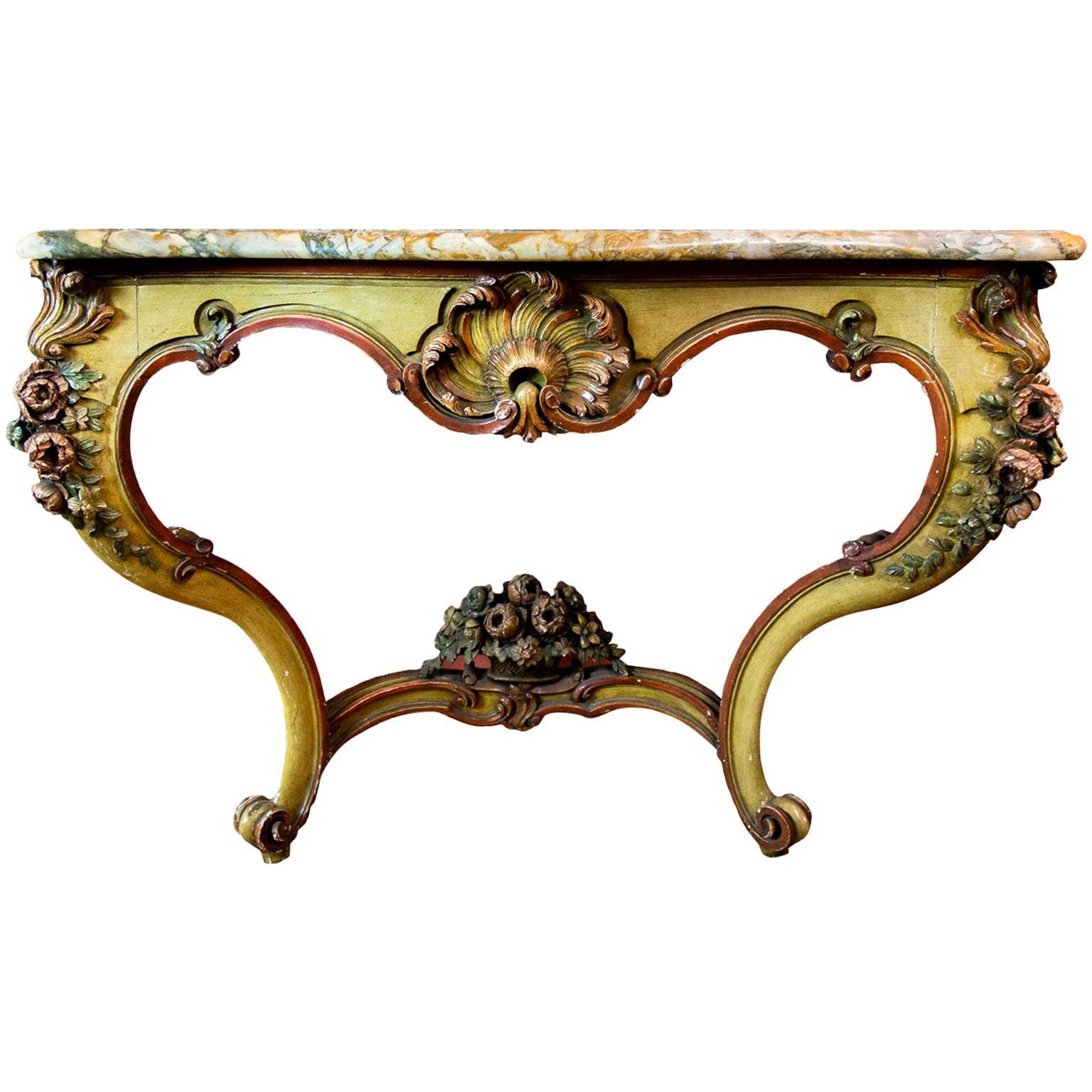 Carved Painted English Marble-Top Console Table