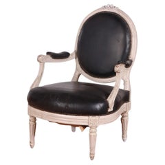 Carved & Painted Louis XVI Chair W Leather C. 1900