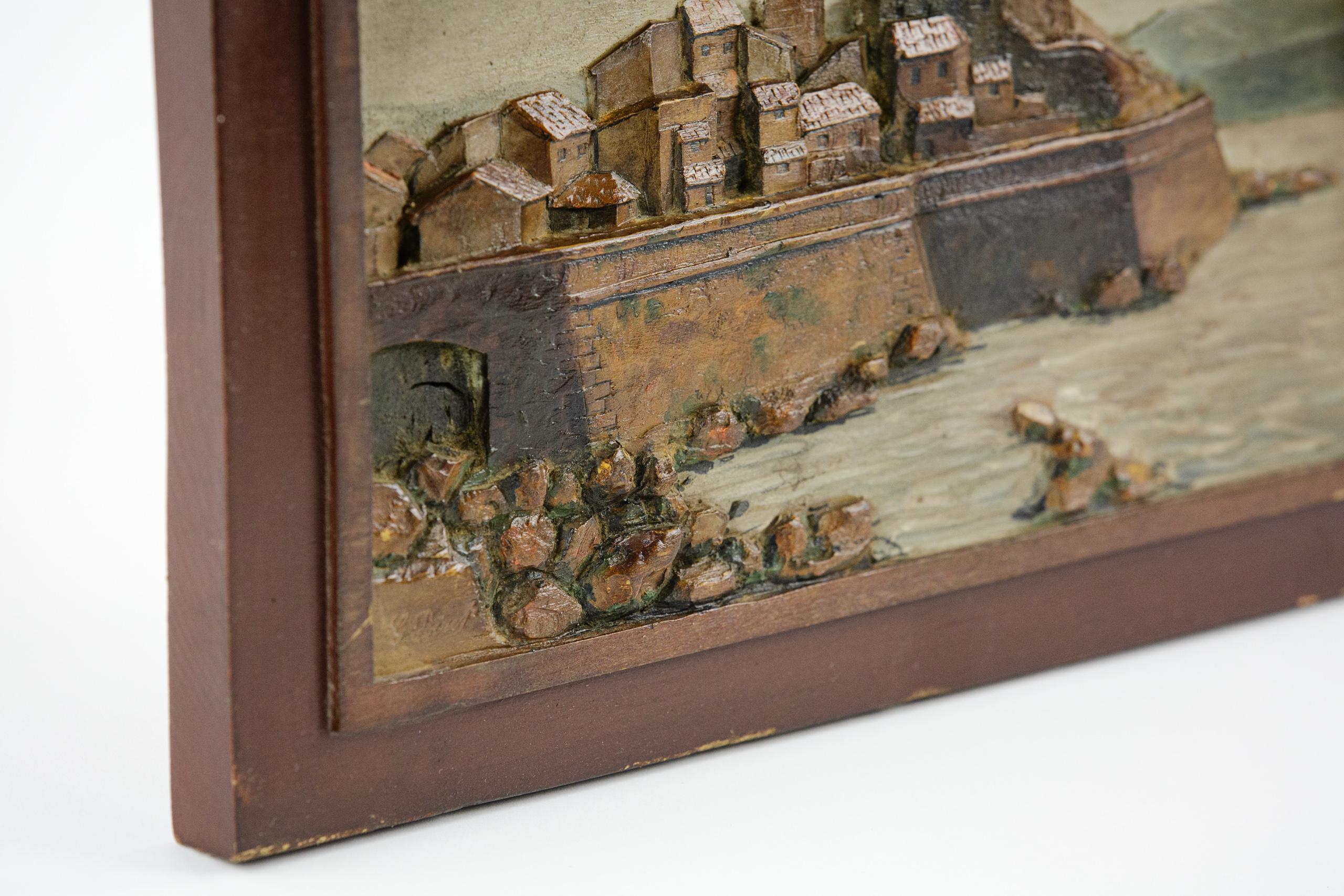 Mid-20th Century Carved & Painted Relief of the Old Town and Sea Wall at Antibes