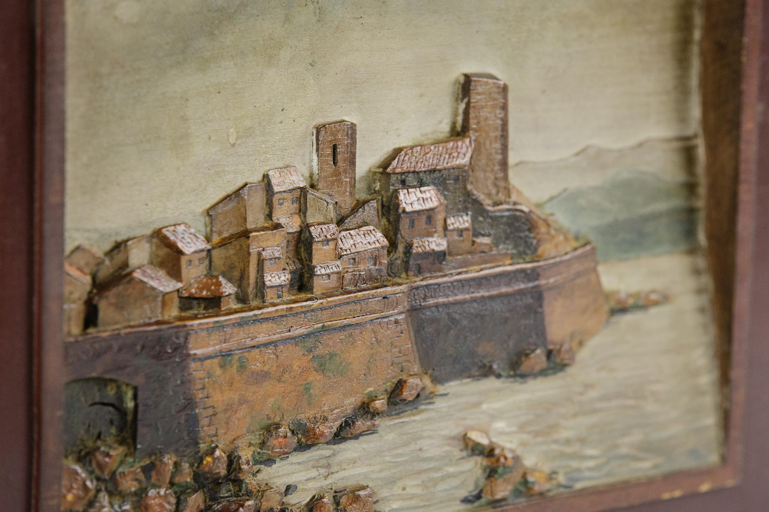 Wood Carved & Painted Relief of the Old Town and Sea Wall at Antibes