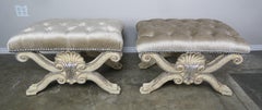 Carved Painted and Silver Gilt "X" Shell Benches w/ Platinum Velvet Upholstery