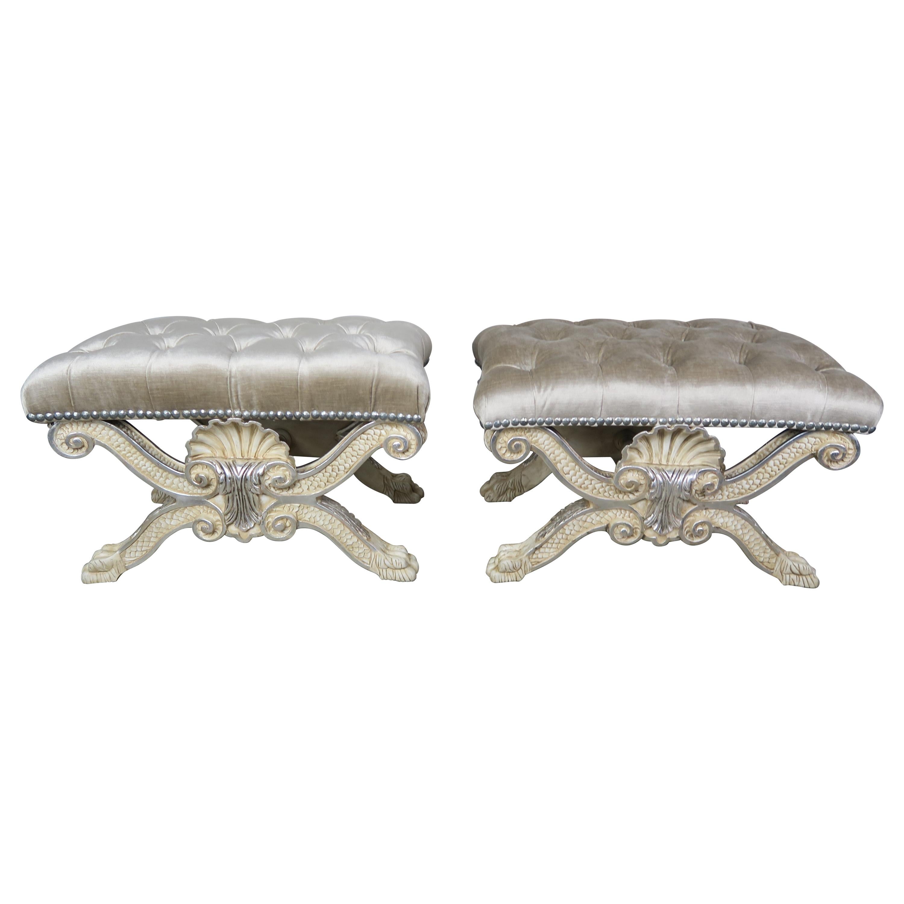 Carved Painted and Silver Gilt "X" Shell Benches w/ Platinum Velvet Upholstery