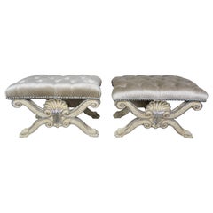 Carved Painted and Silver Gilt "X" Shell Benches w/ Platinum Velvet Upholstery