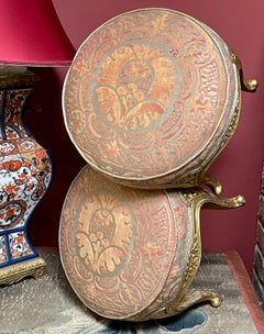 Carved Painted Wood Footstools Fortuny Orsini Fabric PAIR