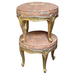 Vintage Carved Painted Wood Footstools Fortuny Orsini Fabric PAIR