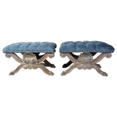 Carved Painted "X" Shell Benches w/ Blue Velvet Upholstery