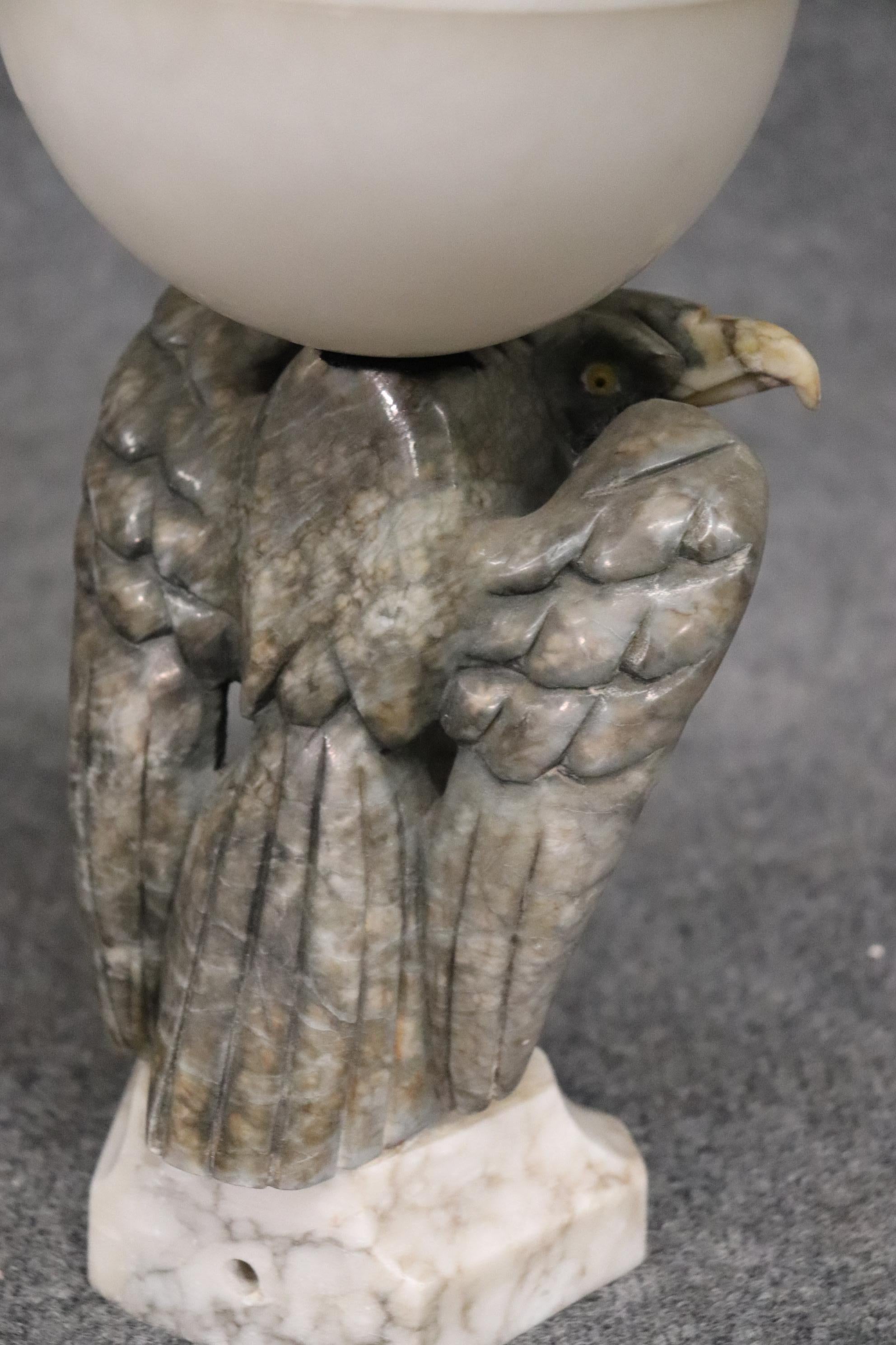 Carved Pair Alabaster Eagle Lamps Sculptures with Sphere Tops 6