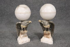 Carved Pair Alabaster Eagle Lamps Sculptures with Sphere Tops