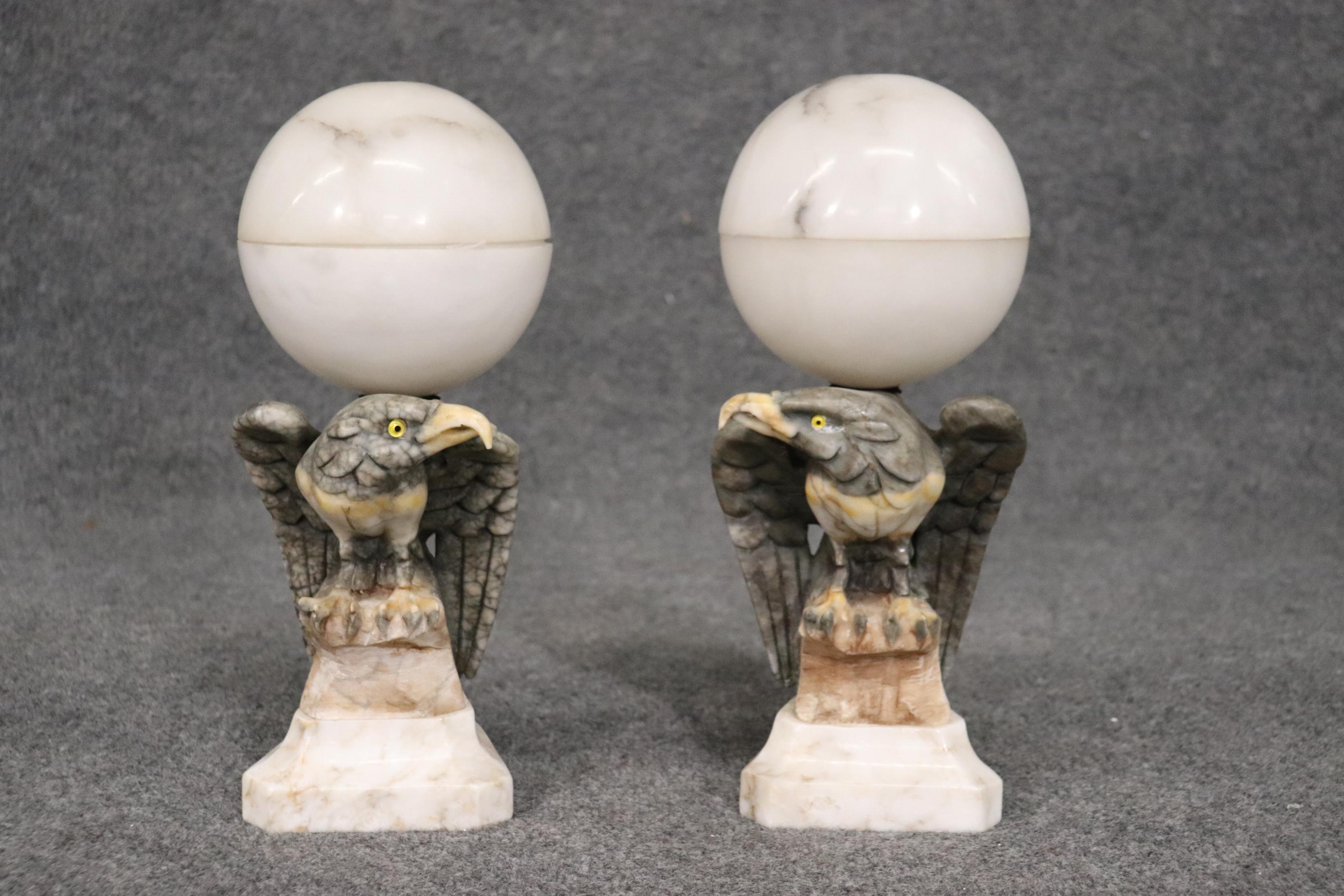 Neoclassical Carved Pair Alabaster Eagle Lamps Sculptures with Sphere Tops