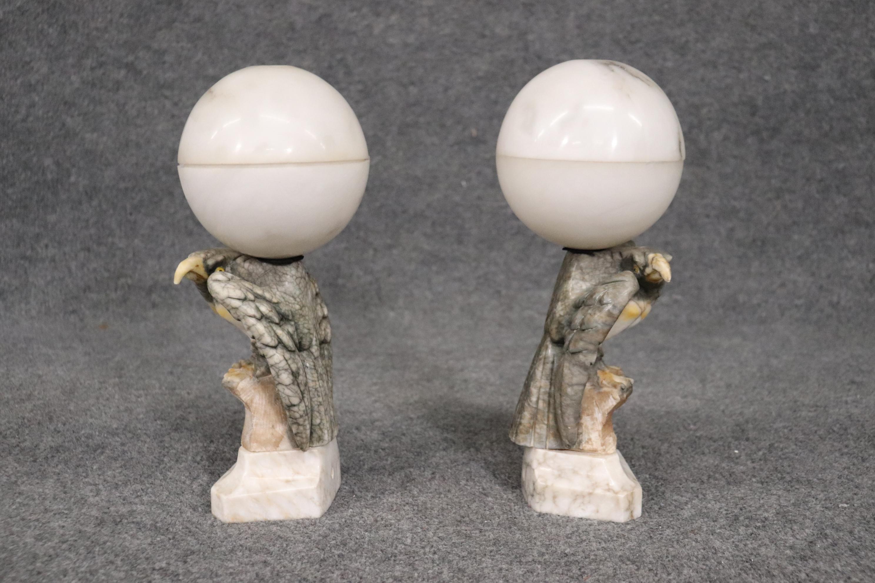 French Carved Pair Alabaster Eagle Lamps Sculptures with Sphere Tops