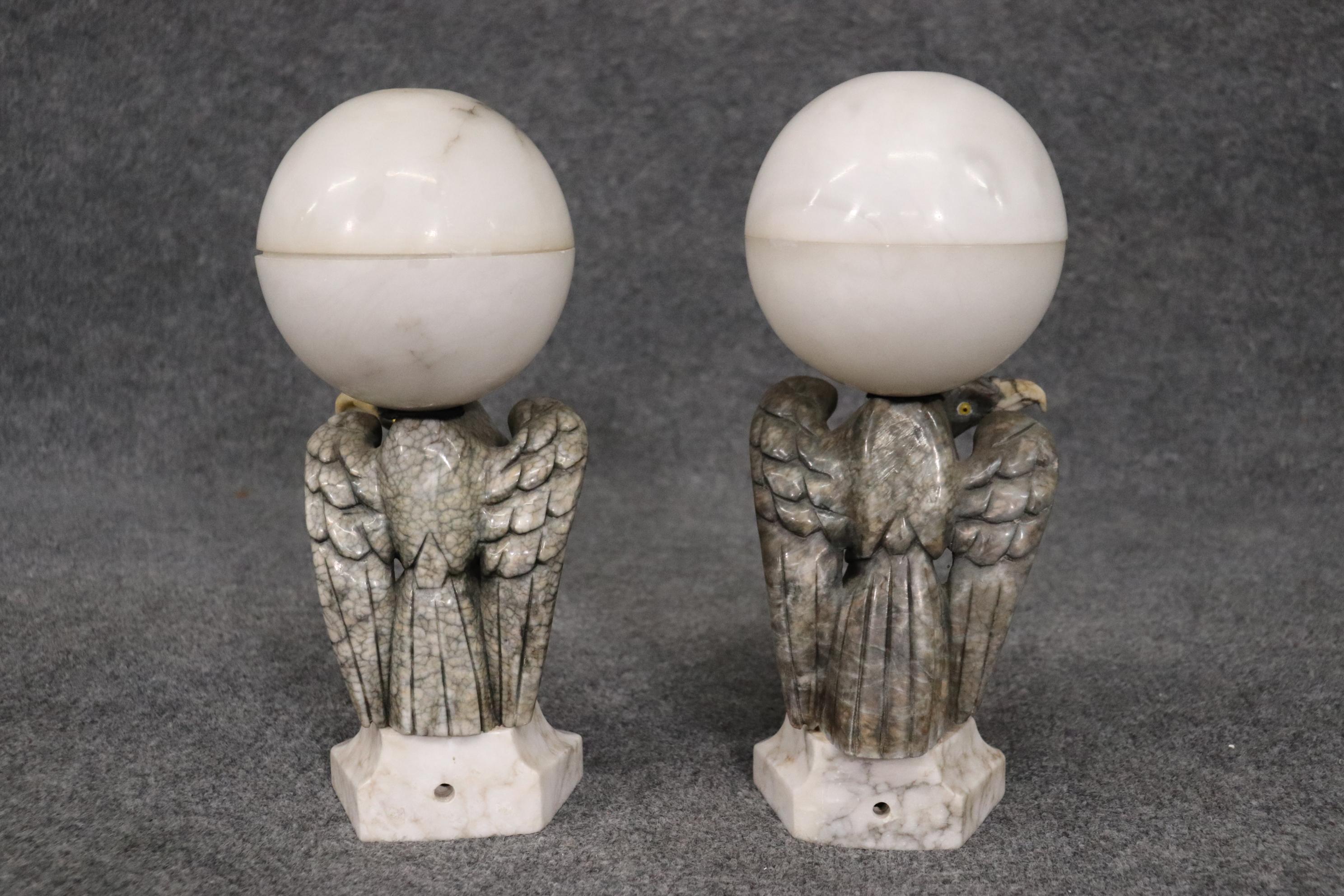 Carved Pair Alabaster Eagle Lamps Sculptures with Sphere Tops In Good Condition In Swedesboro, NJ