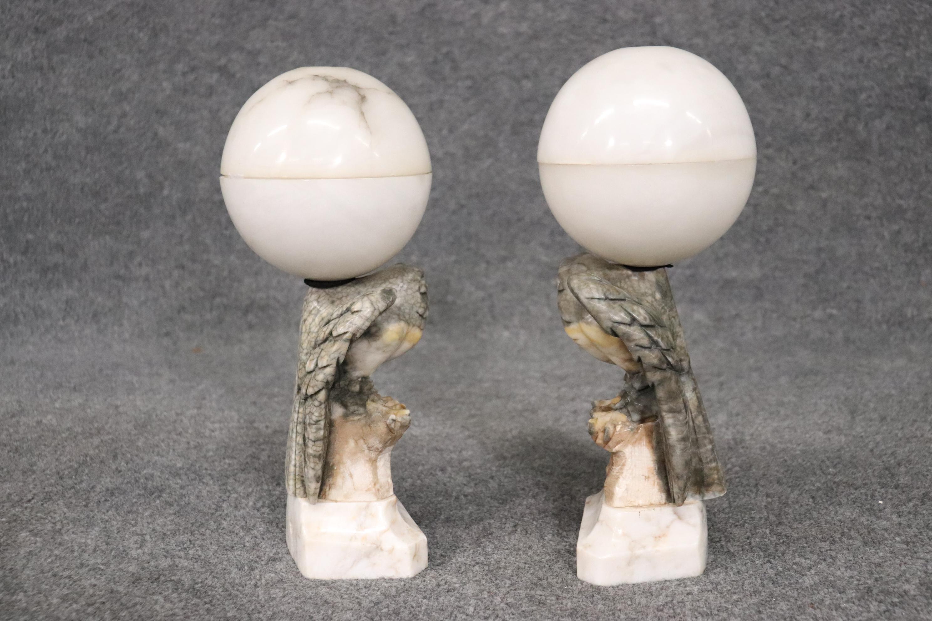 Late 20th Century Carved Pair Alabaster Eagle Lamps Sculptures with Sphere Tops