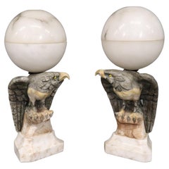 Carved Pair Alabaster Eagle Lamps Sculptures with Sphere Tops