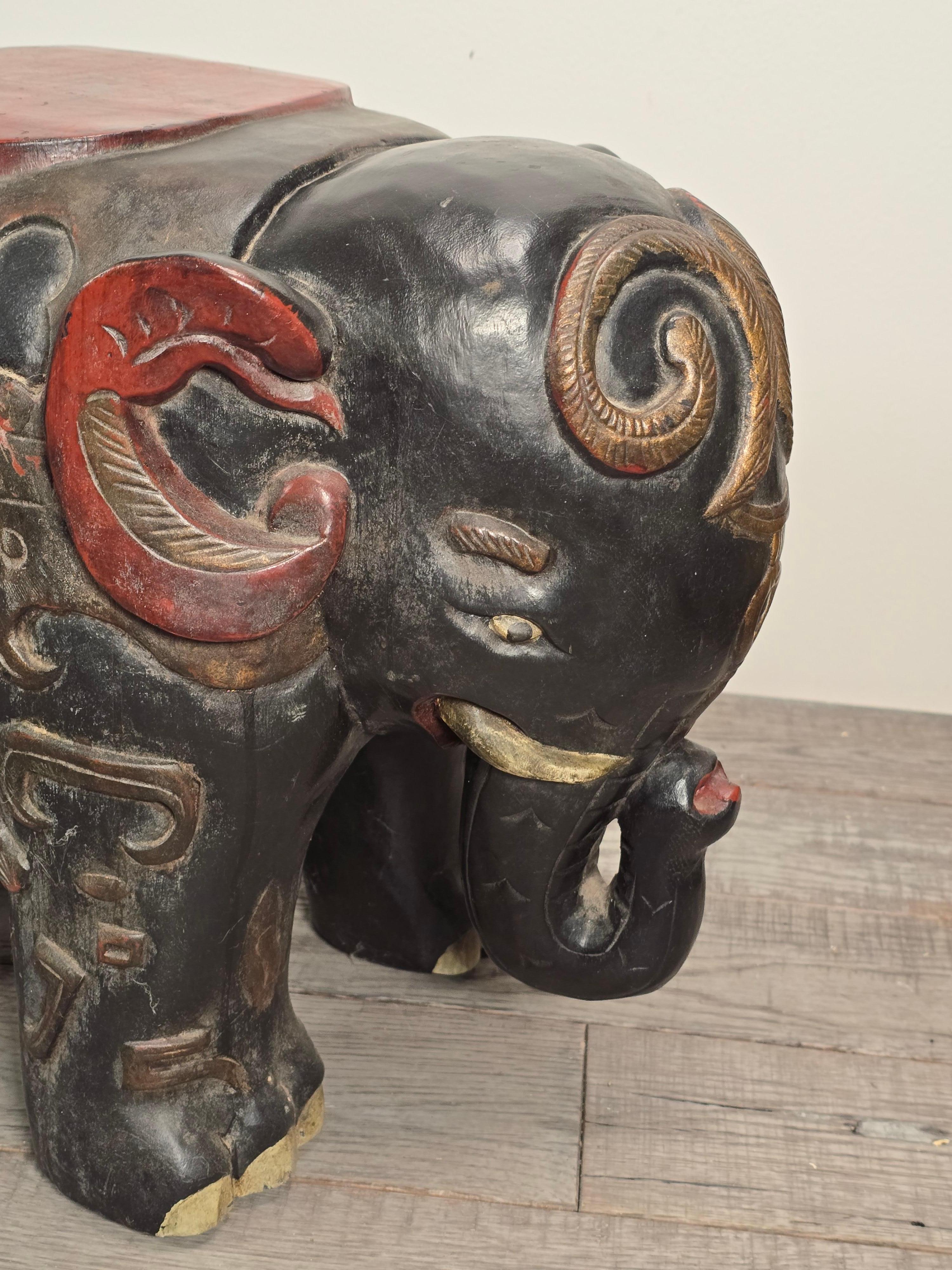 Chinoiserie Carved Patinated Lacquer Elephant Occasional Tables For Sale