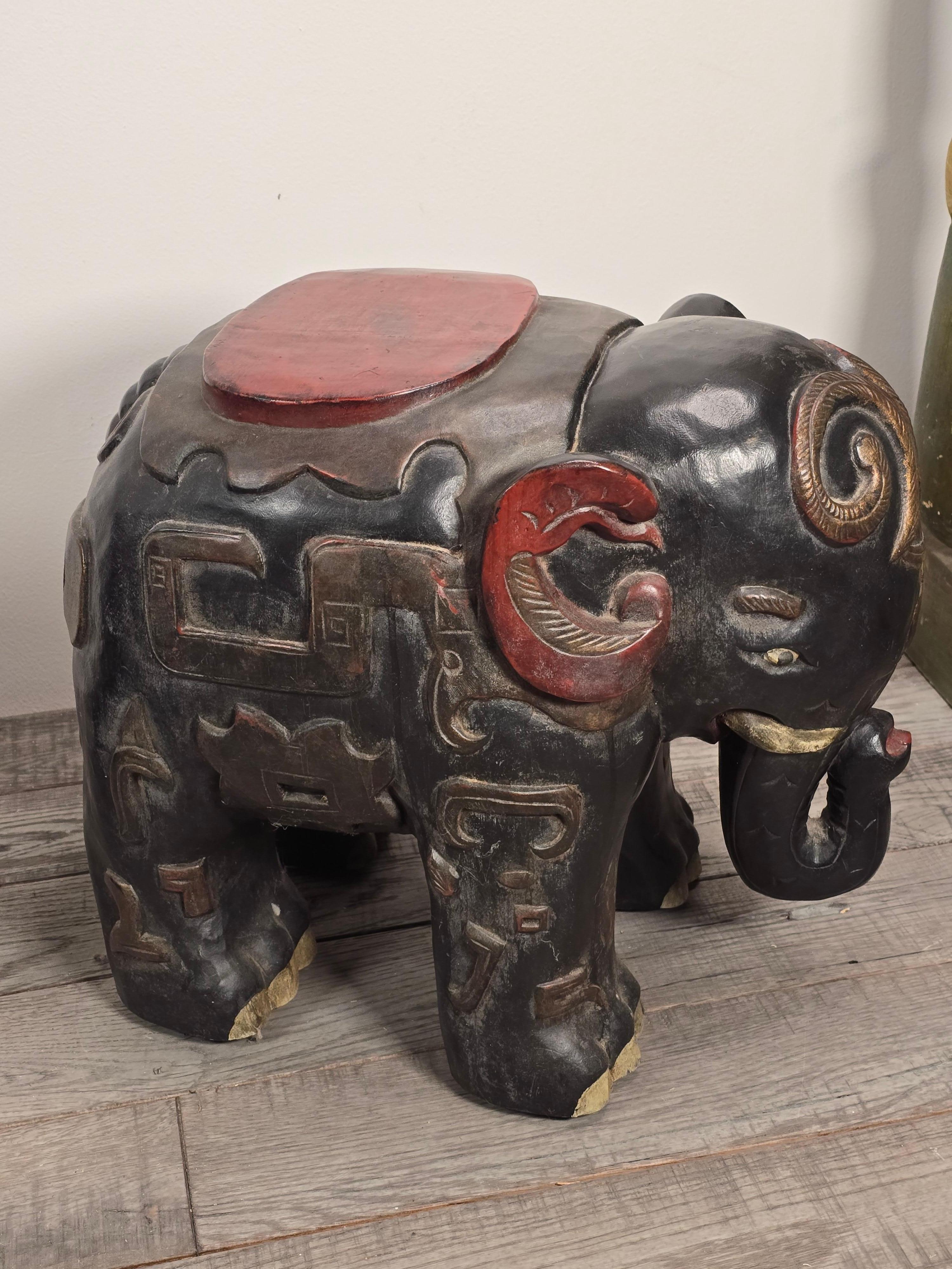 Carved Patinated Lacquer Elephant Occasional Tables In Distressed Condition For Sale In Kilmarnock, VA