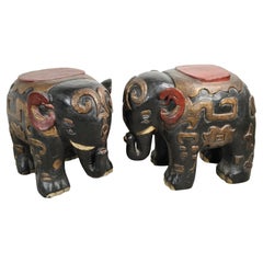 Carved Patinated Lacquer Elephant Occasional Tables