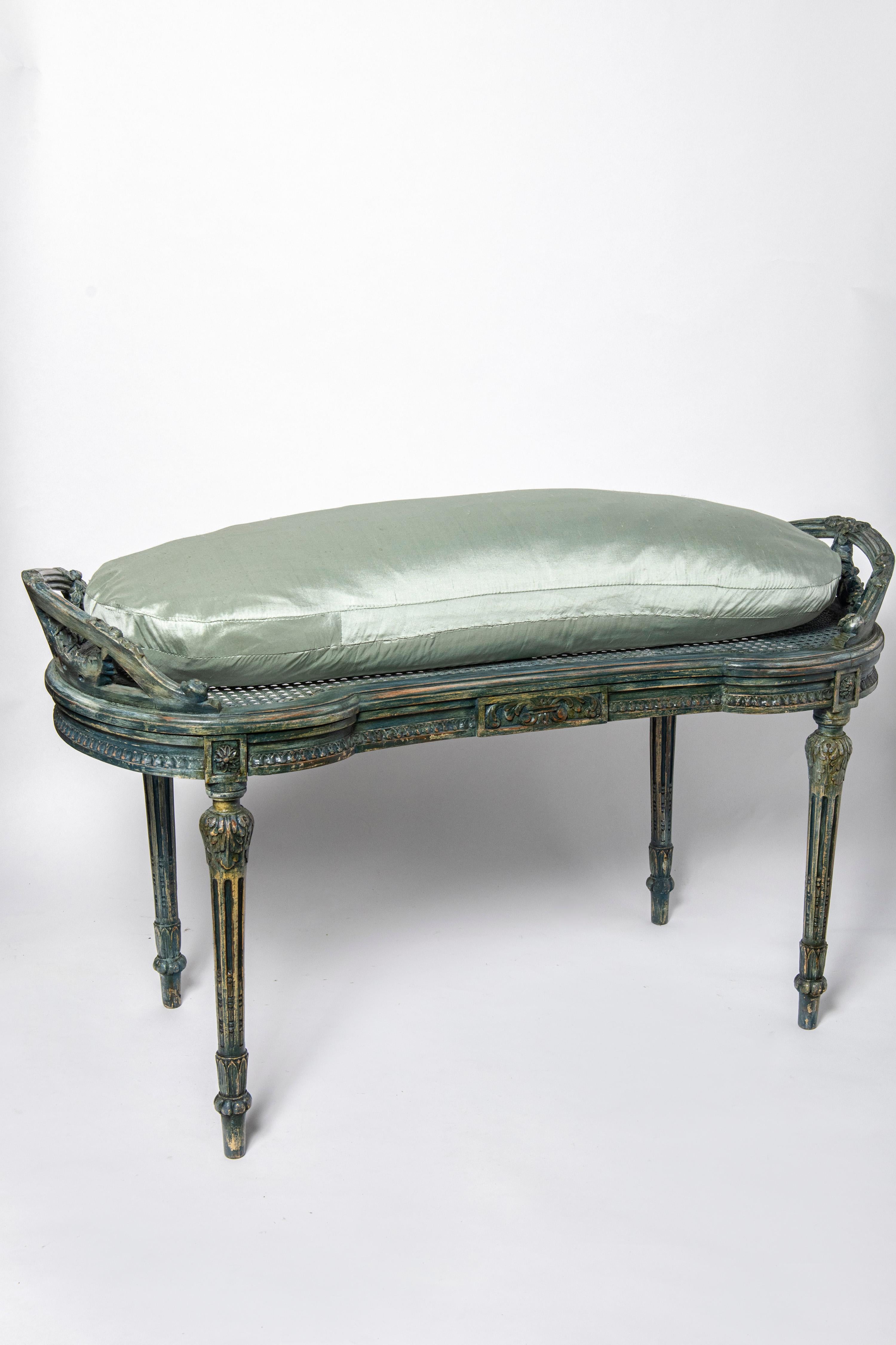 Neoclassical Carved patinated wood and silk stool. France, late 19th century. For Sale