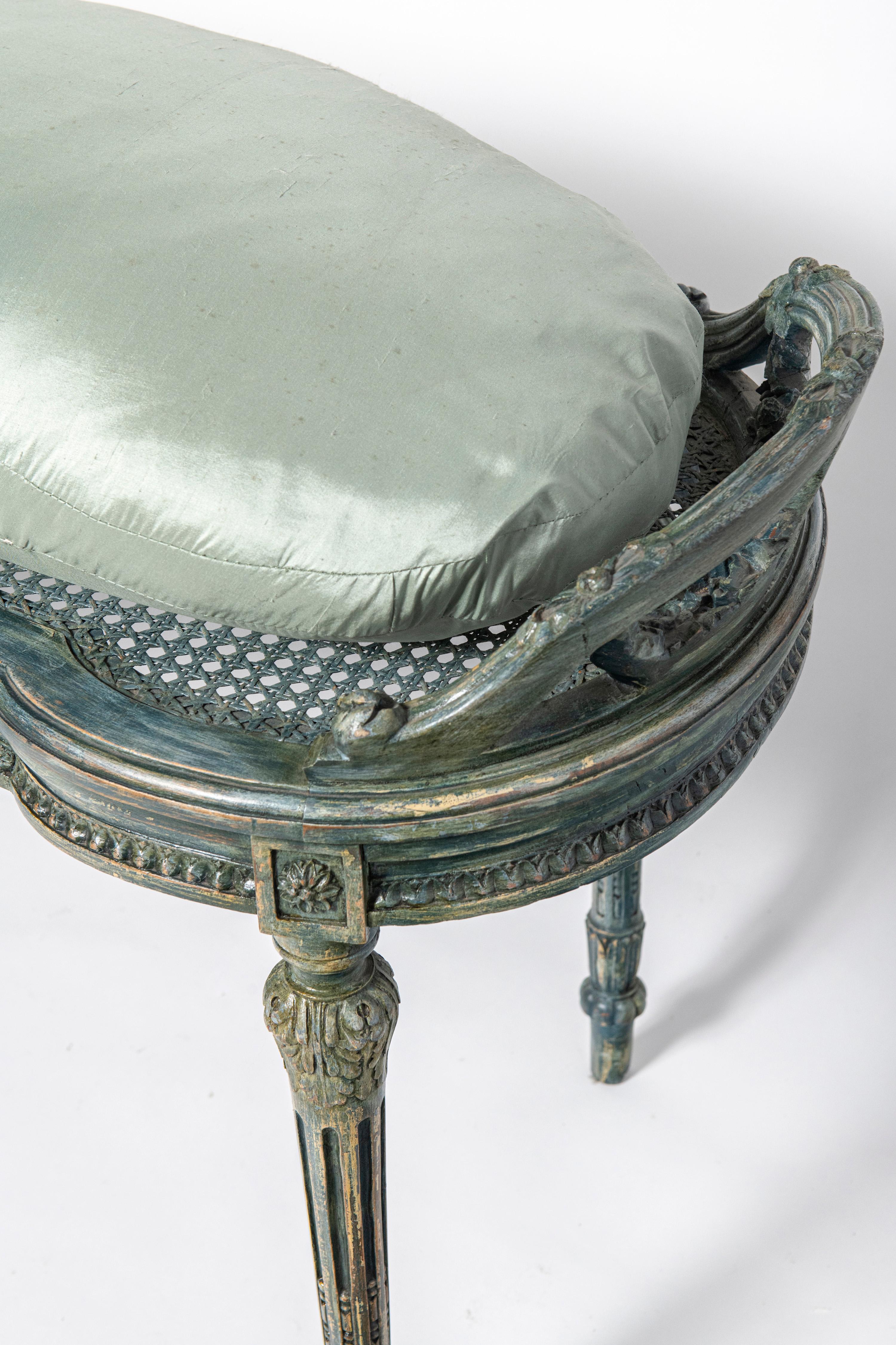 19th Century Carved patinated wood and silk stool. France, late 19th century. For Sale