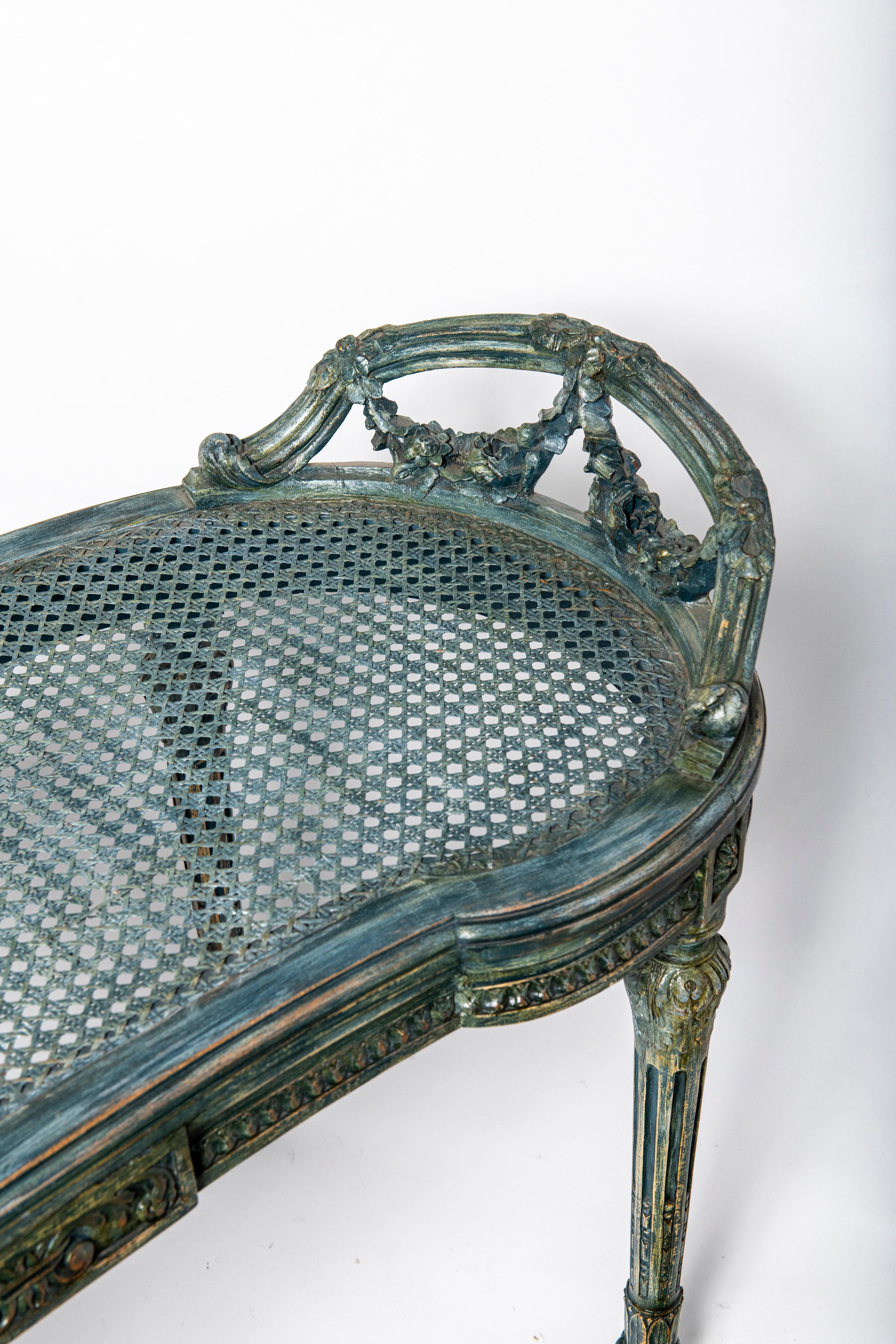 Silk Carved patinated wood and silk stool. France, late 19th century. For Sale