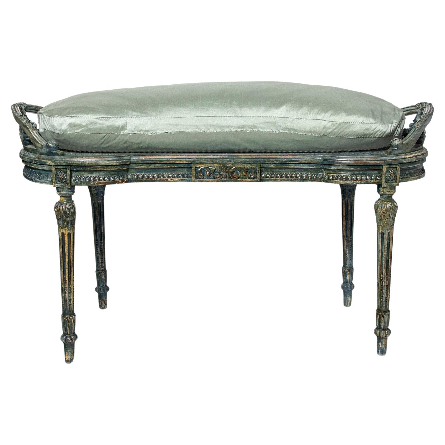 Carved patinated wood and silk stool. France, late 19th century. For Sale