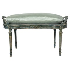 Antique Carved patinated wood and silk stool. France, late 19th century.