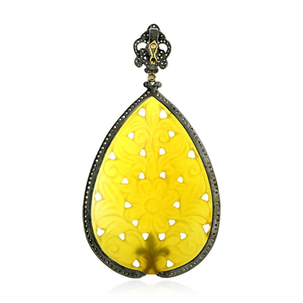 Art Deco Carved Pear Shape Agate Stone Pendant with Pave Diamonds in Gold & Silver For Sale