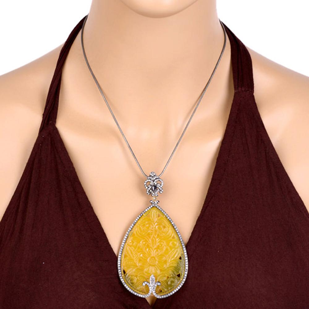 Art Deco Carved Pear Shape Agate Stone Pendant with Pave Diamonds in Gold & Silver For Sale