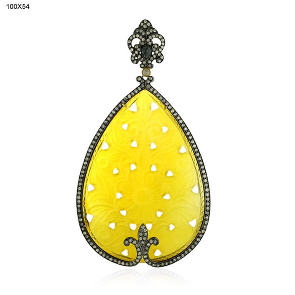 Mixed Cut Carved Pear Shape Agate Stone Pendant with Pave Diamonds in Gold & Silver For Sale
