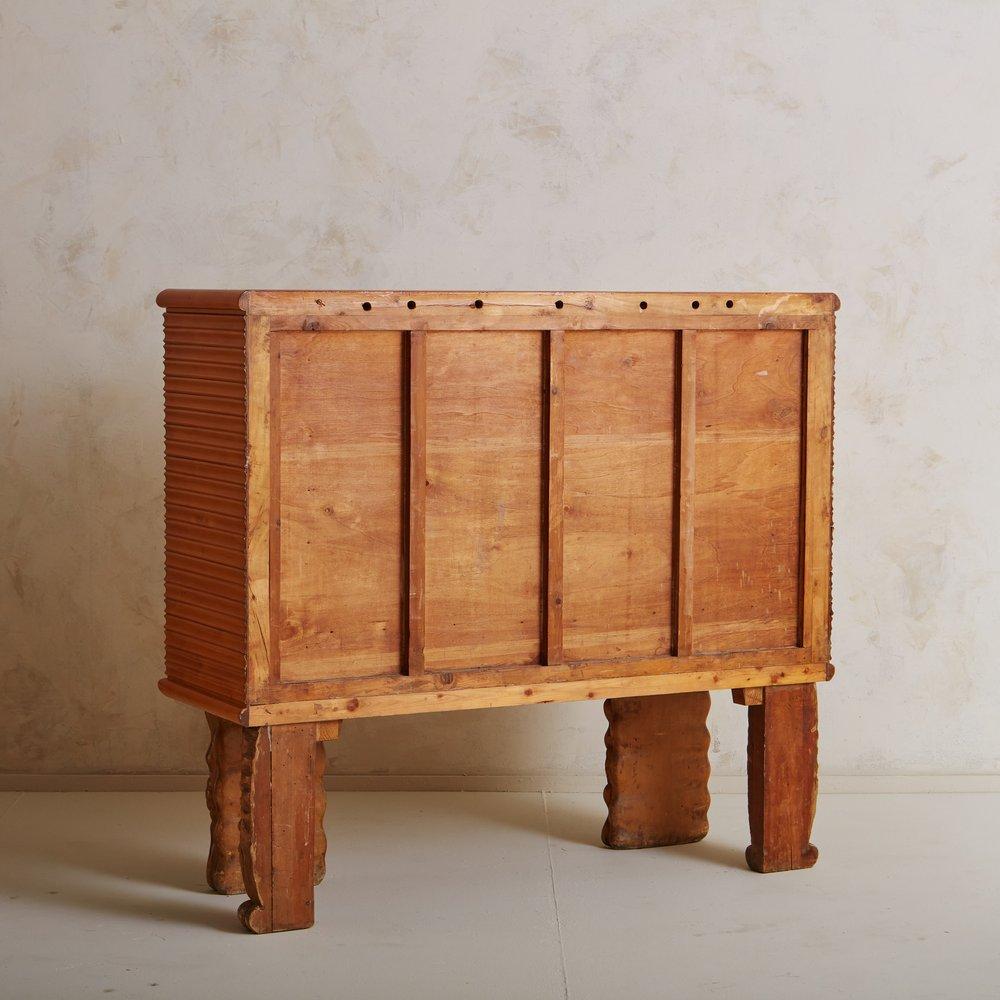 Italian Carved Pear Wood + Mirrored Glass Bar Cabinet by Osvaldo Borsani, Italy, 1930s