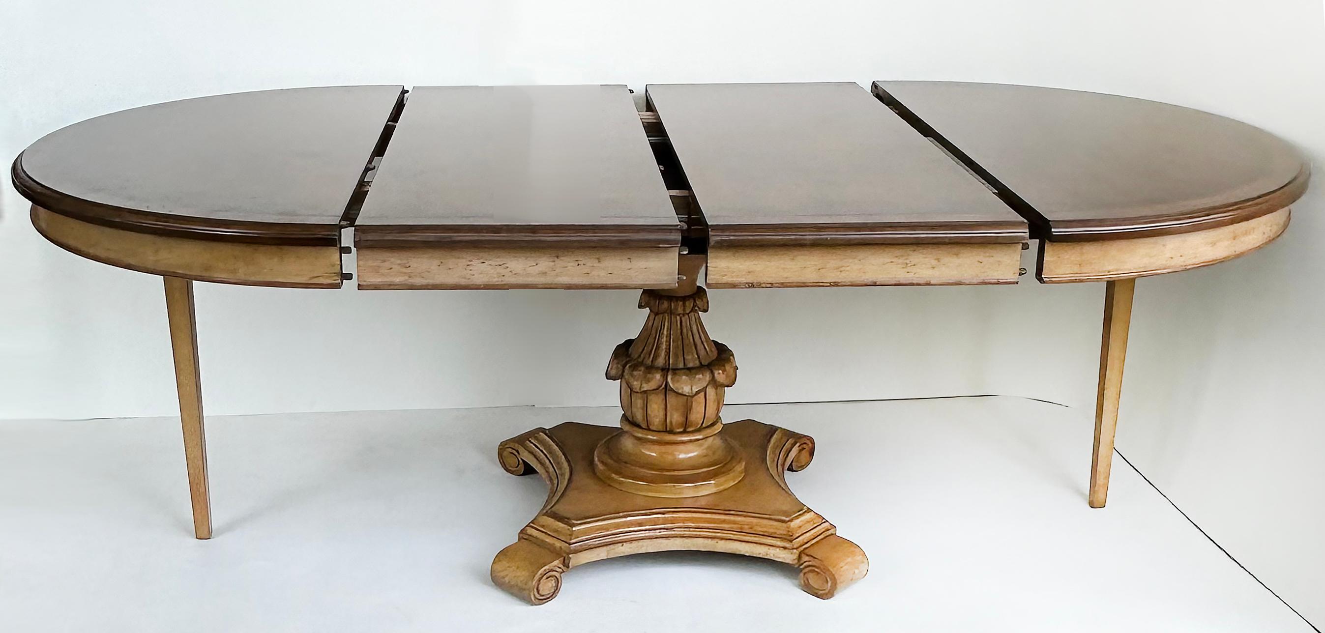 Wood Carved Pedestal Dining Table, Extends Round to Oval with Two Leaves For Sale