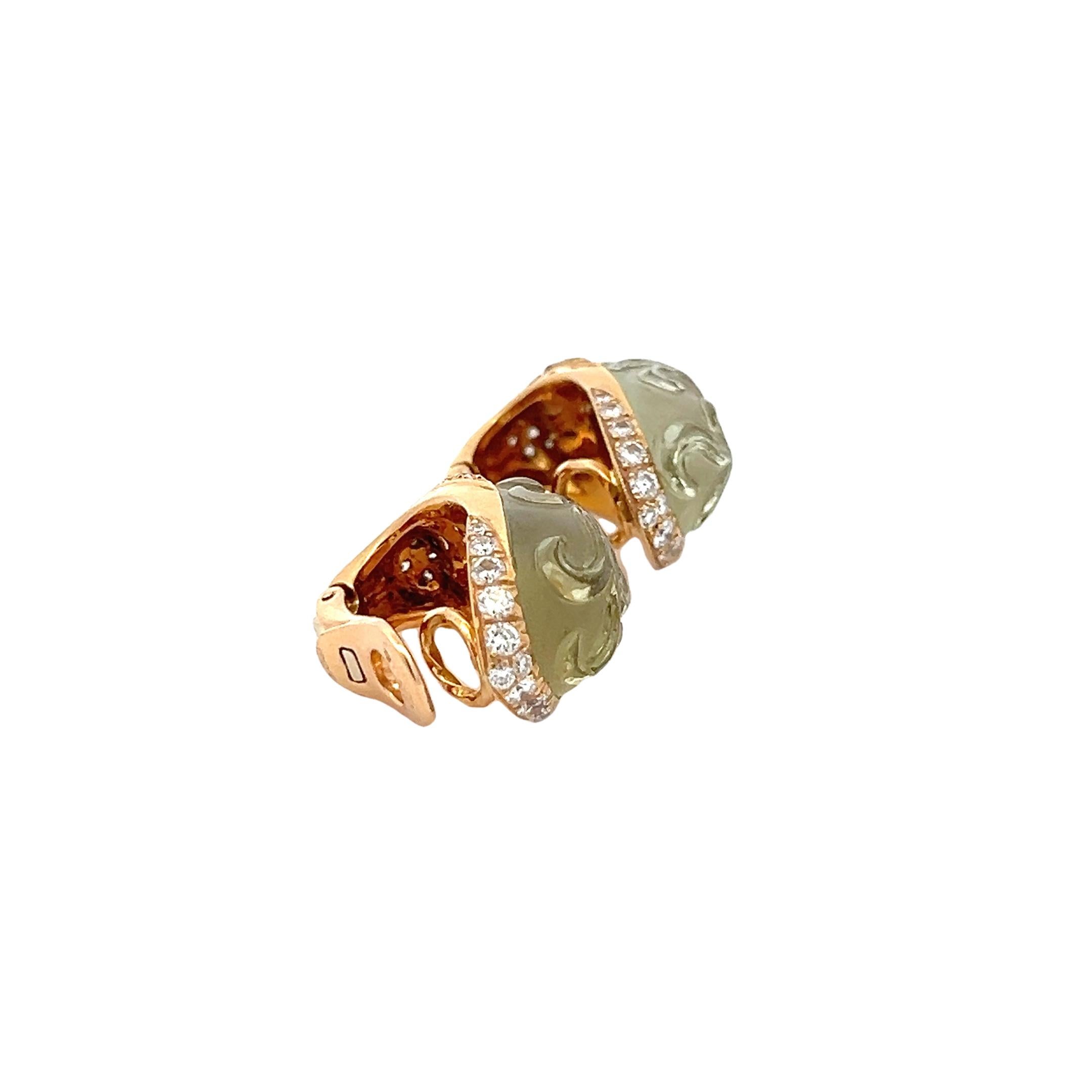 Boucles d'oreilles clips en or jaune 18 carats, péridot sculpté et diamant, 2.00 carats Pour femmes en vente