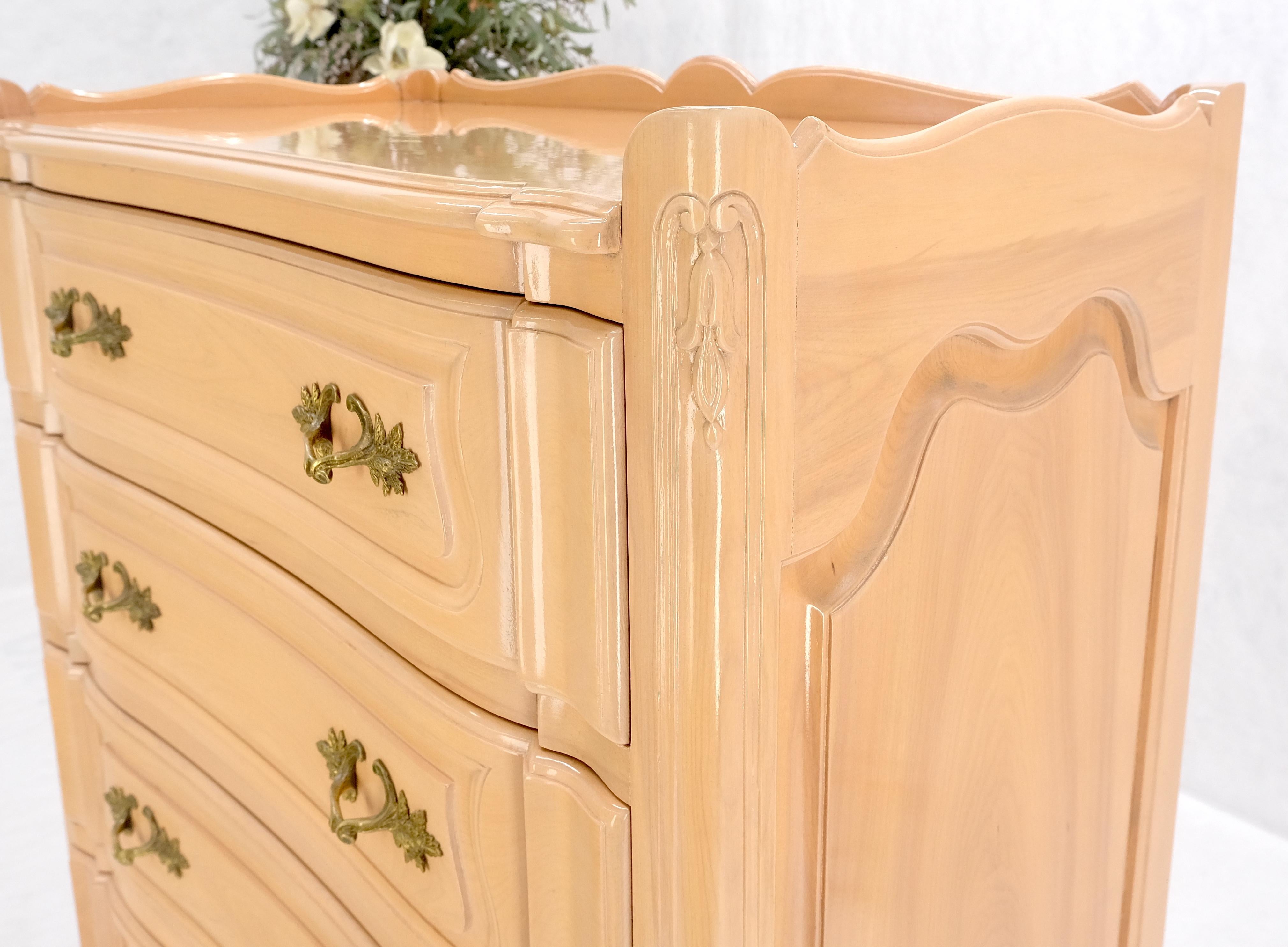 Carved Country French Pickled Beige to White Solid Cherry Raised Panels Brass Hardware Gallery High Chest Dresser MINT!