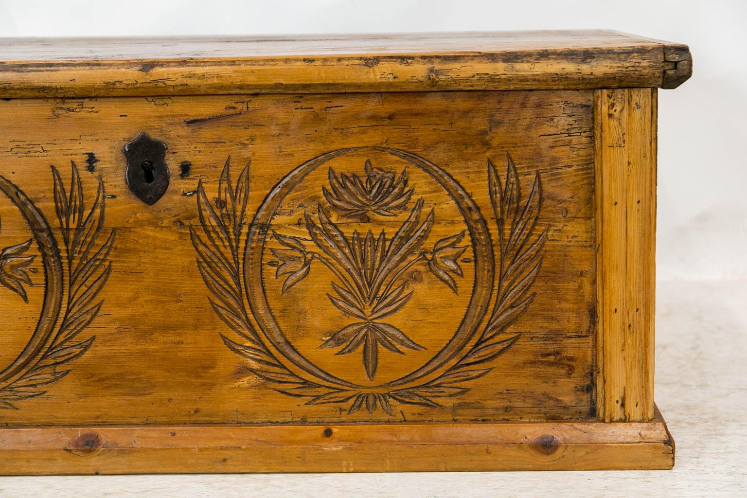Hand-Carved Carved Pine Central European Blanket Chest For Sale