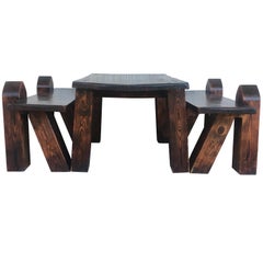 Vintage Carved Pine Coffee or Picnic Table with Two Benches Depicting a Verge with Child