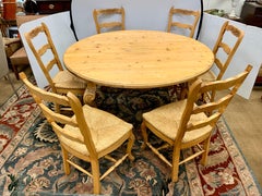 Carved Pine Farm Table and Six Matching Chairs Round Farmhouse Dining Set