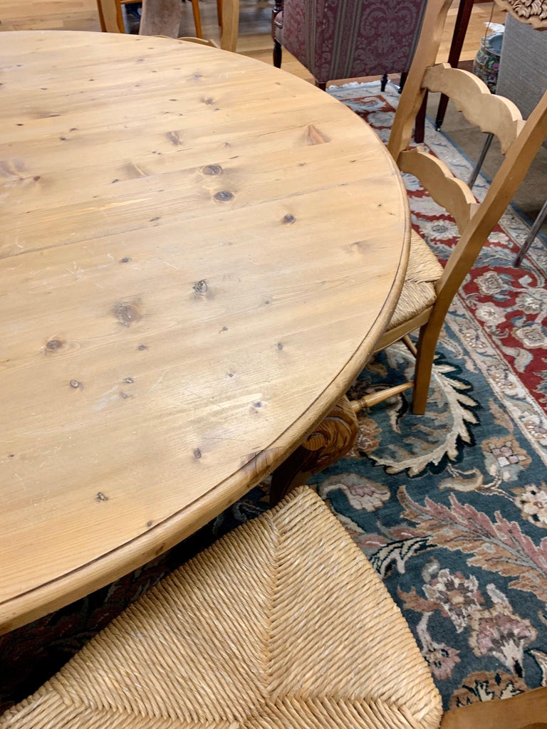 Carved Pine Farm Table and Six Matching Chairs Round Farmhouse Dining