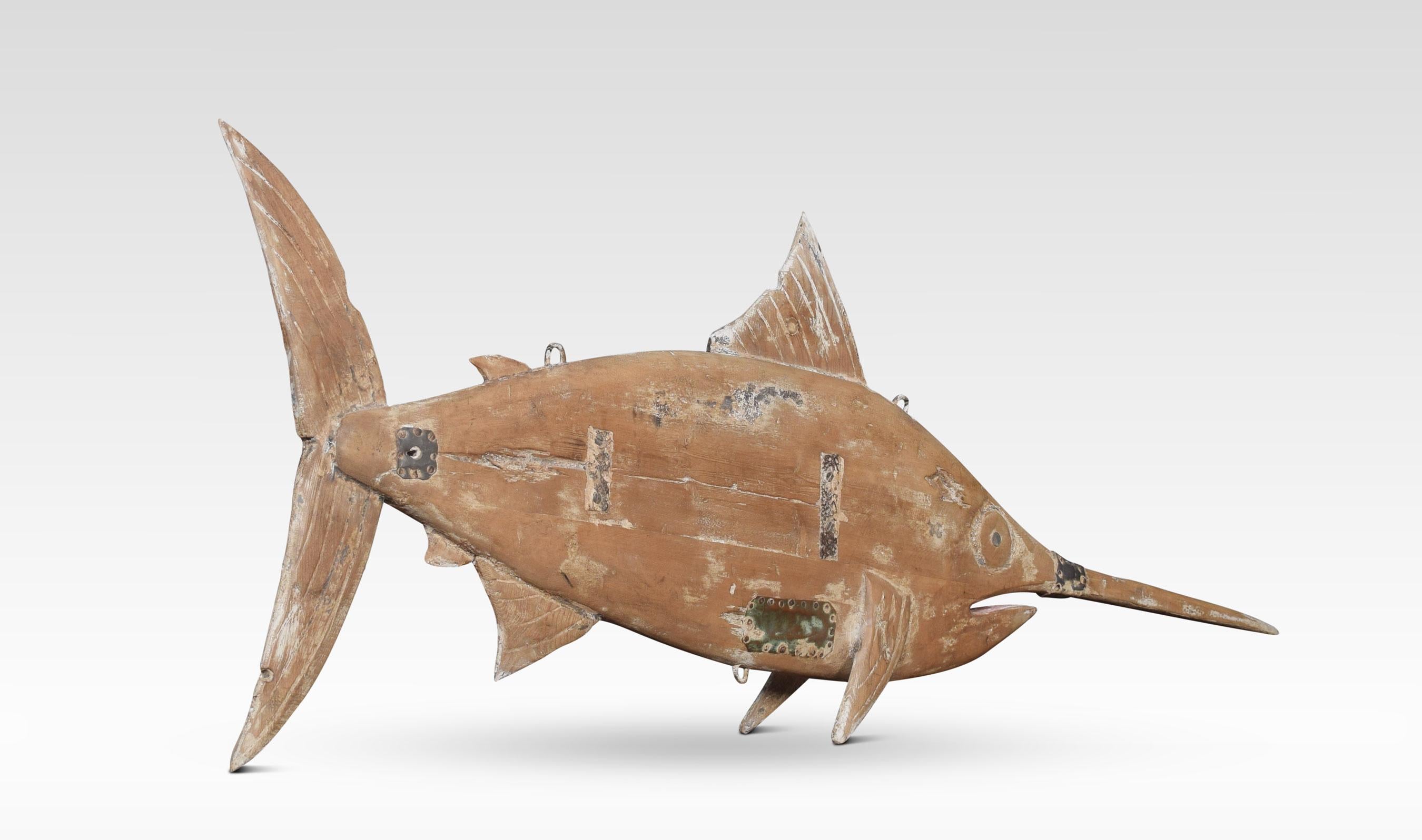 Carved model of a Marlin.
Dimensions:
Height 20 inches
Width 56 inches
Depth 5.5 inches.