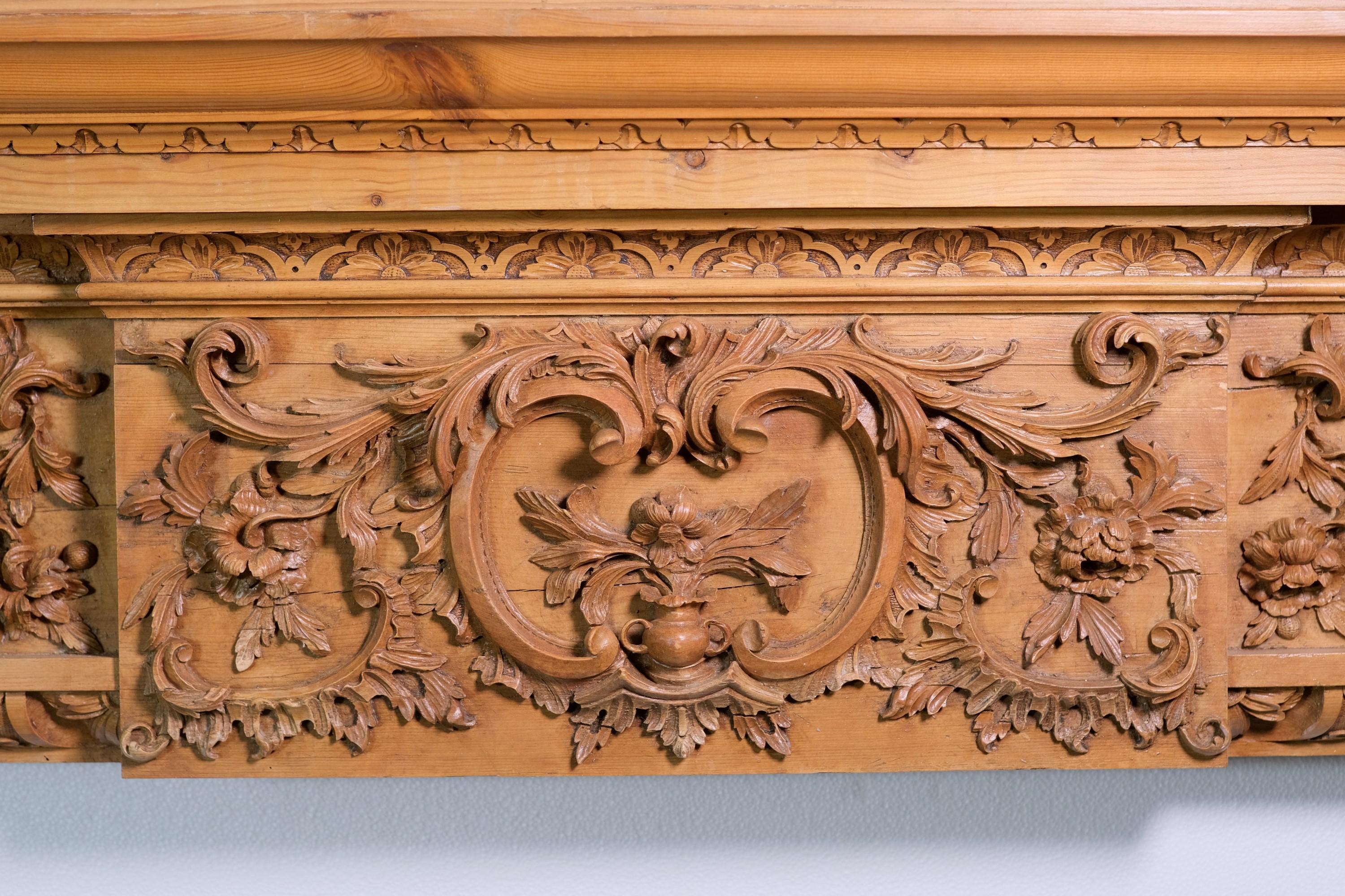 20th Century Carved Pine Floral Rococo Mantel w Over Mantel Molding