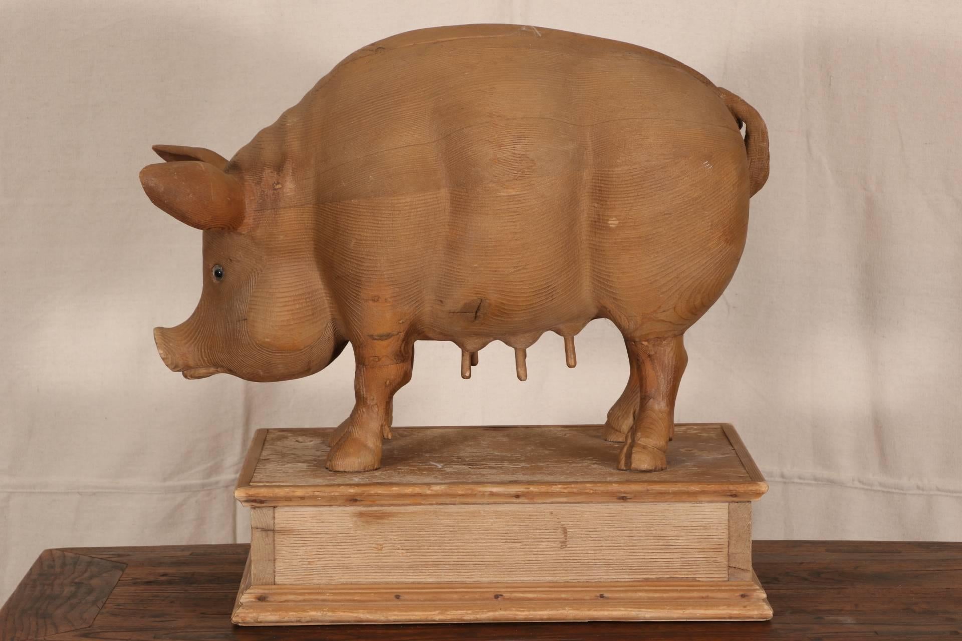 Folk Art Carved Pine Pig Sculpture
