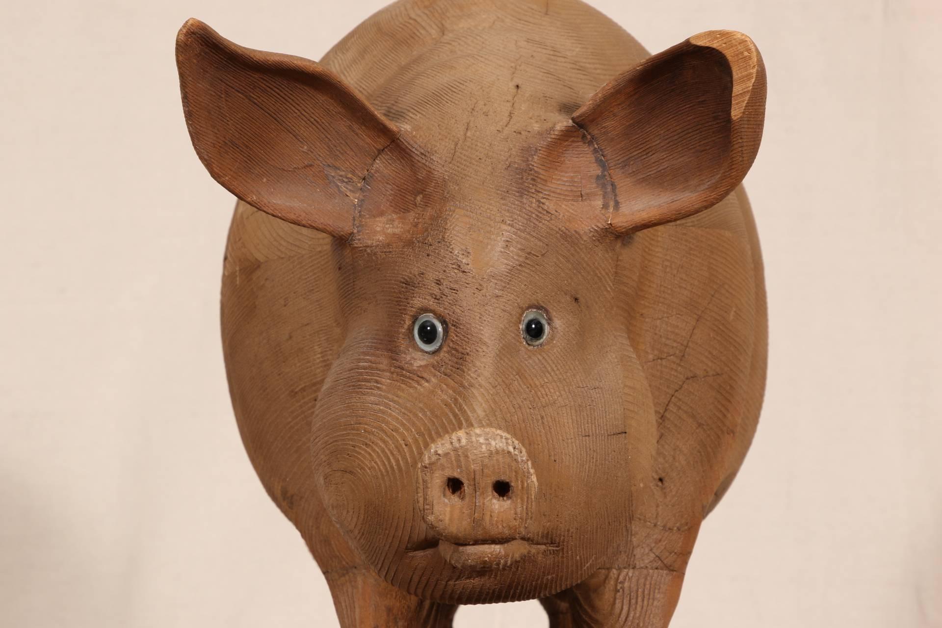 20th Century Carved Pine Pig Sculpture
