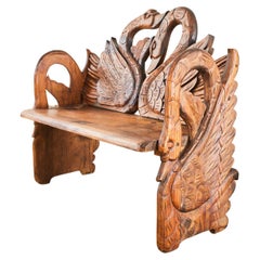 Carved Pine Swan Bench Mexican Folk Art Sculpture