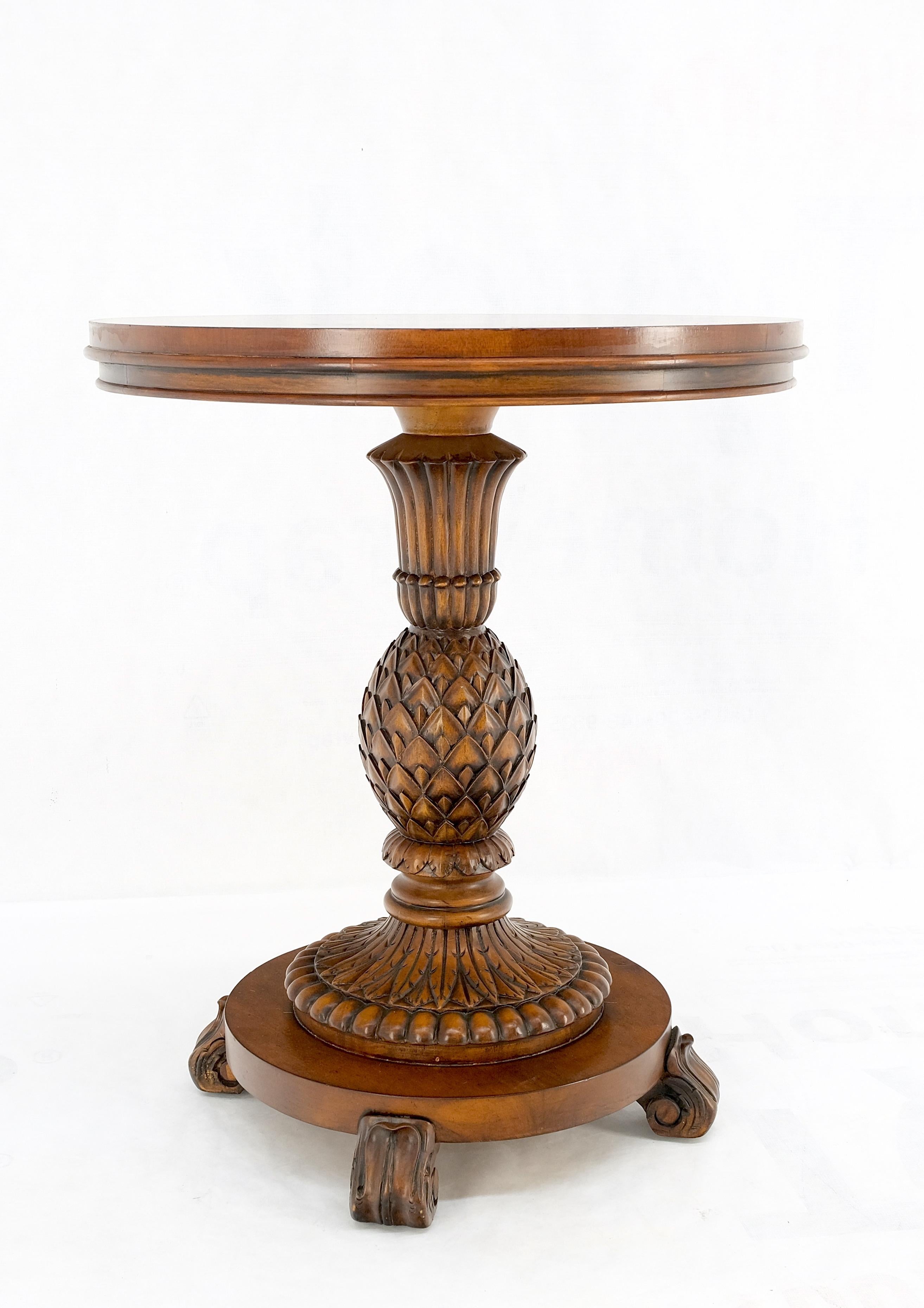 20th Century Carved Pineapple Base Banded Inlaid Top Round Gueridon Table Stand Mint!