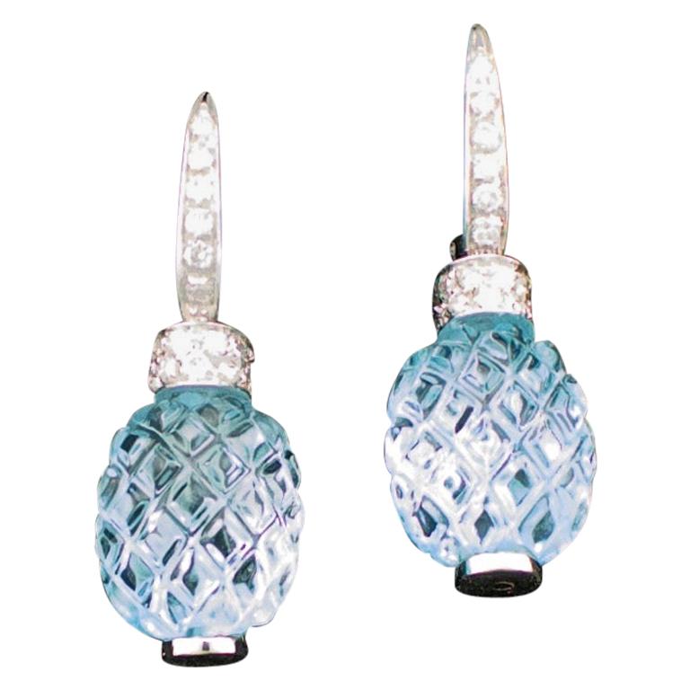 Carved Pineapple Blue Topaz and Diamond Earrings in 18 Karat What Gold For Sale