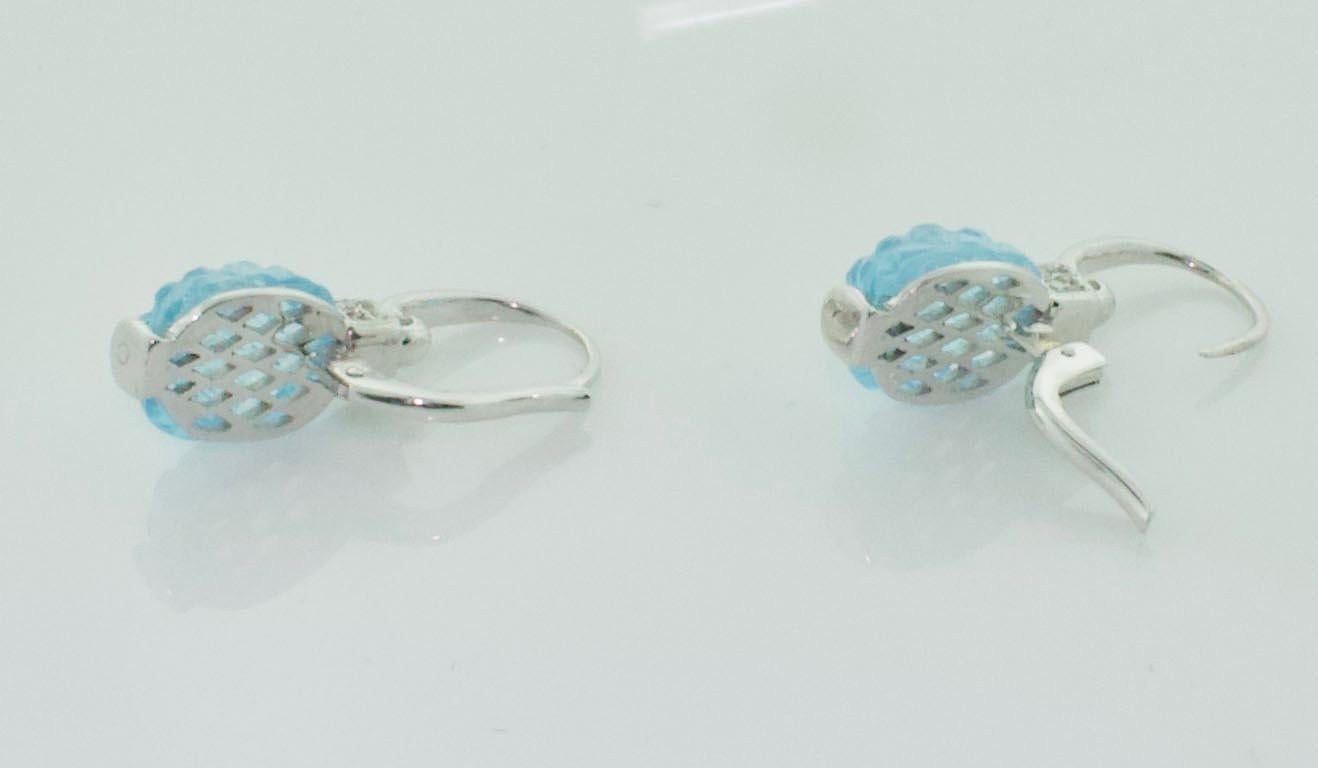 Modern Carved Pineapple Blue Topaz and Diamond Earrings in 18 Karat What Gold For Sale