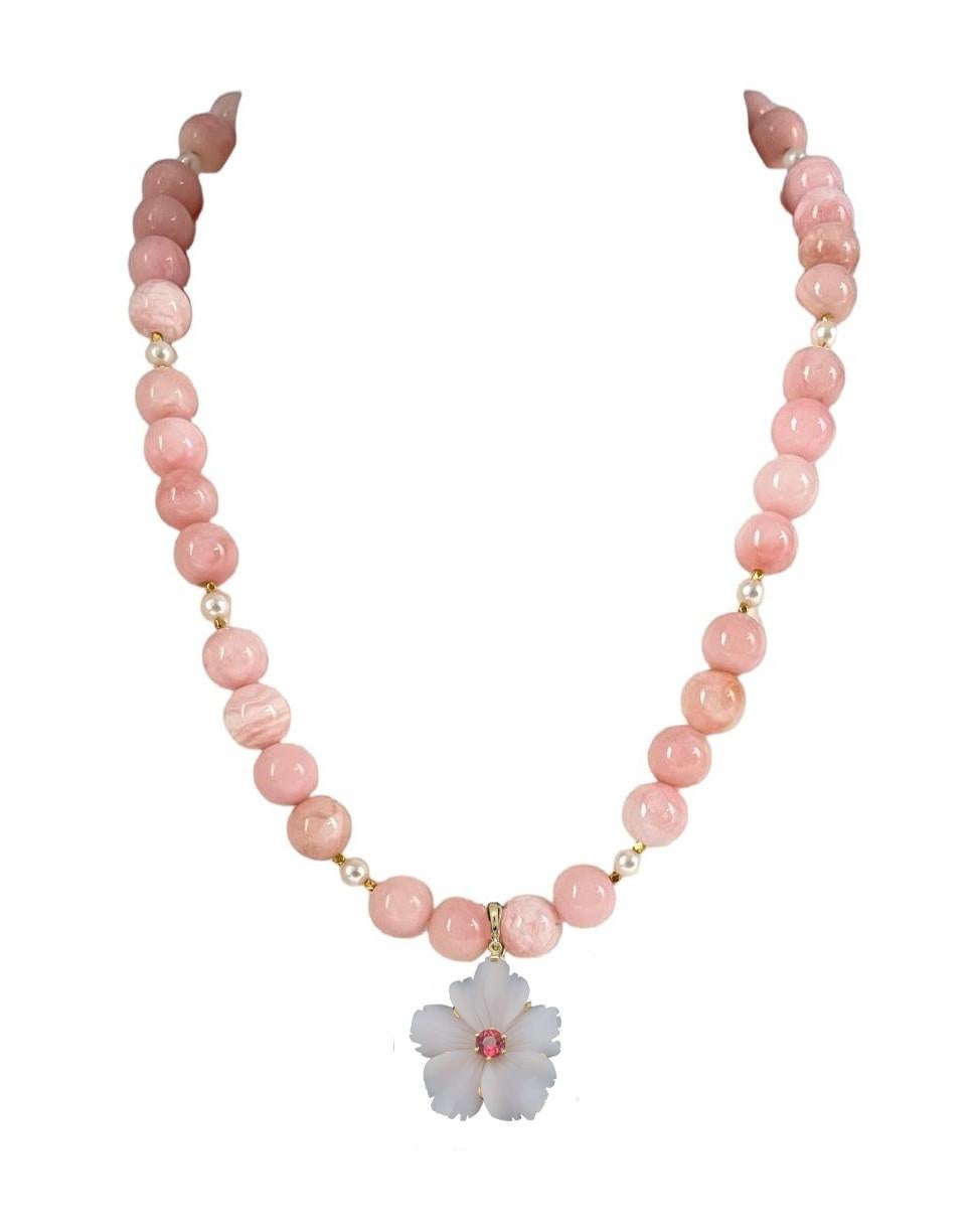 Carved Pink Agate and Tourmaline Pendant with Pink Opal and Pearl Necklace  For Sale 4